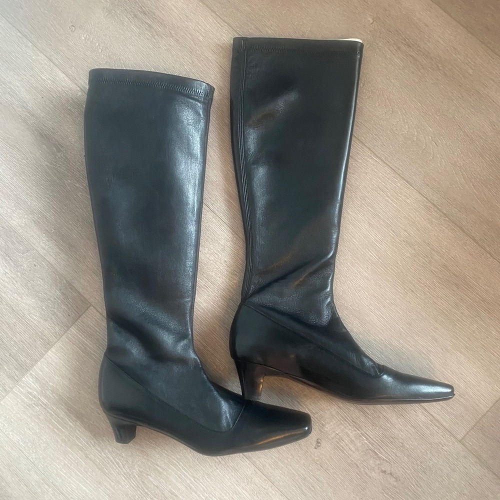 Cole Haan Black Leather Pull On Knee High Heeled Boots Size 8.5 NEW